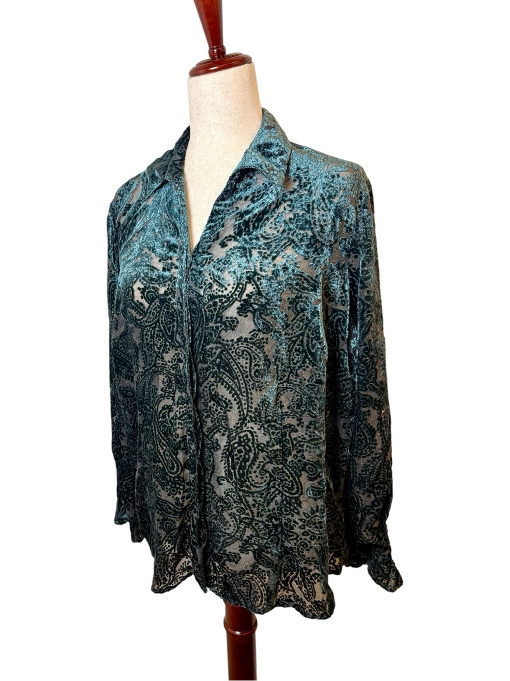 Coldwater Creek Green Sheer Burnout Velvet Paisley Blouse Boho Goth PXL - Picture 2 of 8